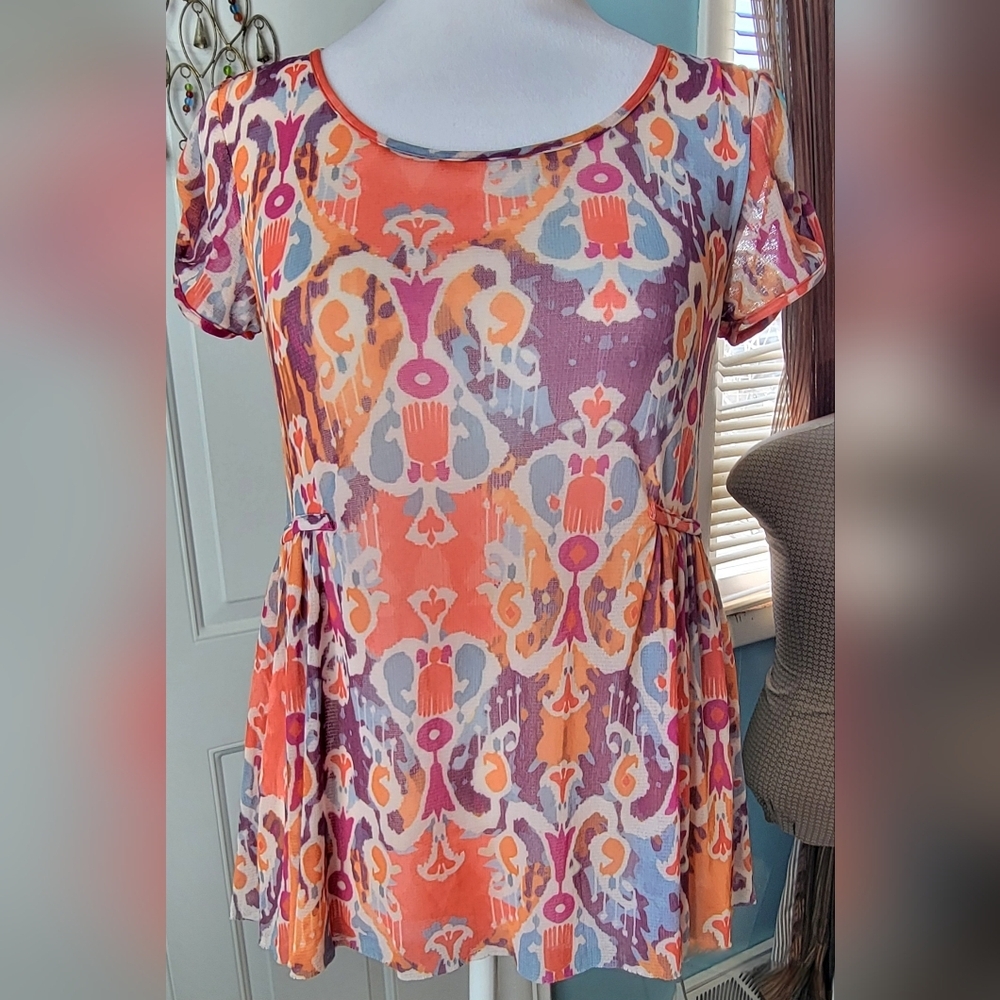 Weston Wear Anthropologie Mesh Flowy Babydoll Top Womens XS Multi Short-Sleeve